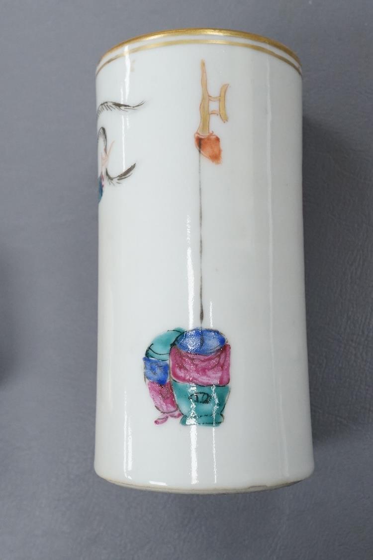 A 19th century Chinese famille rose brushpot, 22cm high, and a small pot (without cover)